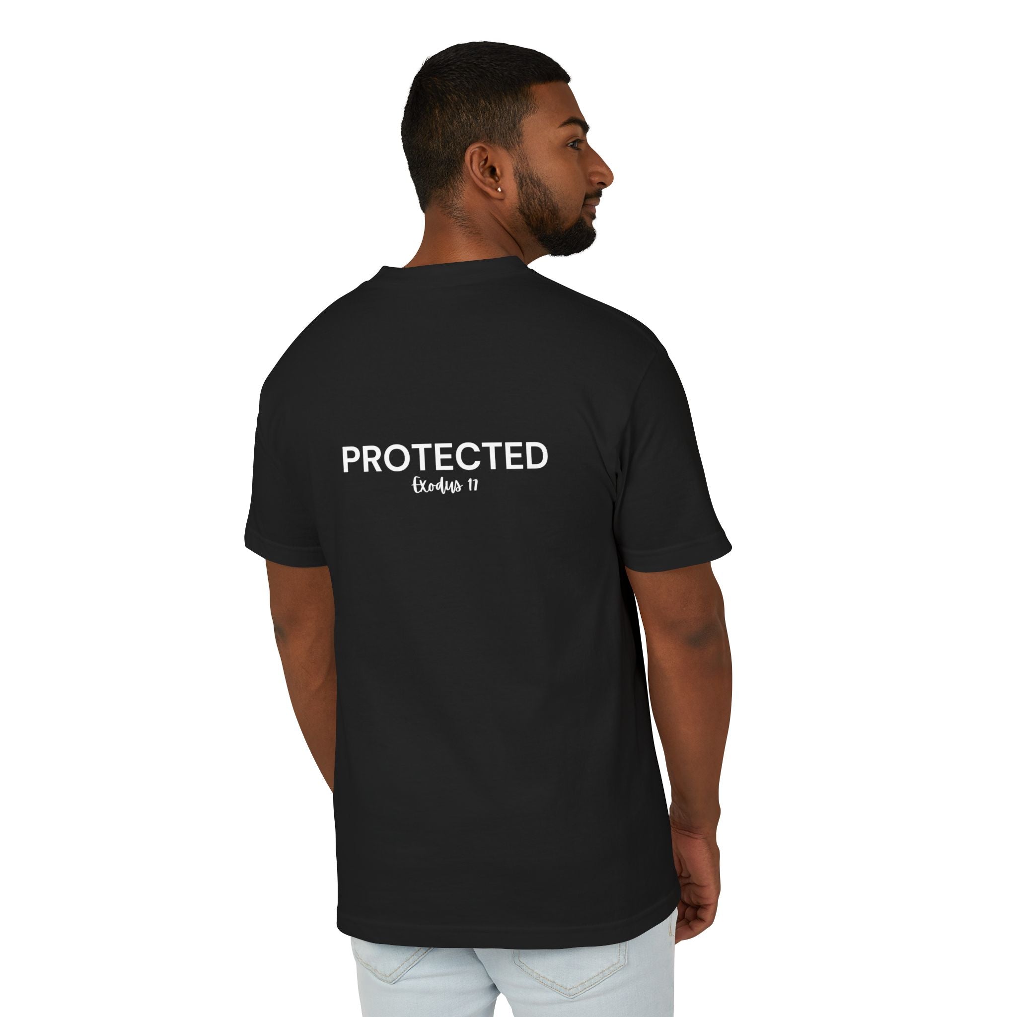Protected Tee — White Embroidered Christian Graphic T-Shirt